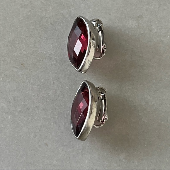 Anne Klein Silver Tone Faceted Maroon Stone Clip On Earrings - Picture 6 of 13